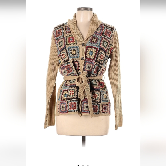 RARE Women's RALPH LAUREN Hand Knit Patchwork Crochet Lambs Wool Cardigan L Belt - Picture 2 of 9